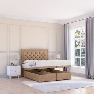 Sloomy Montana Naples Fabric Ottoman Bed End Opening With Sprung Memory Mattress & 26 Inch strut Headboard in Light Sand | Size: Small Double