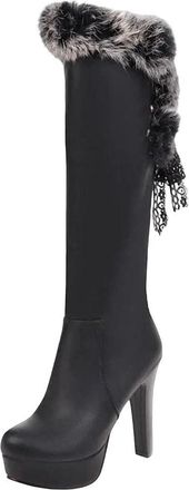 Generic Womens Furry Knee High Boots Round Toe Winter Long Boots High Heel Warm Stilettos Shoes