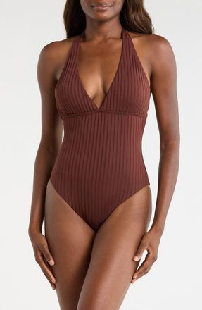 Sanctuary Halter Rib One-Piece Swimsuit in Espresso at Nordstrom, Size X-Large