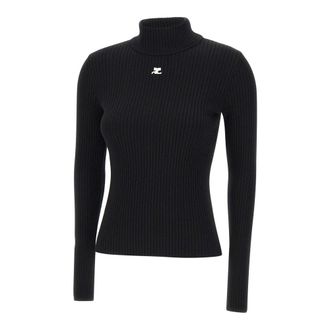Courr&egrave;ges Truien & Vesten, Dames, Zwart, XS, Polyester, Reedition Rib Knit Mockneck Sweater