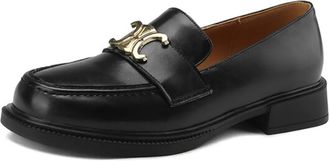 Generic Womens Platform Loafers Low Heel Oxford Shoes Round Toe Slip-On Design with Gold Metal Accent Comfortable Dress Shoes for Office Work Uniform Casual W