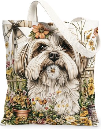 Generic Spring Havanese Dog Canvas Tote Bag for Shopping 13x15, Farmhouse Country Puppy Reusable Grocery Print Bag for Women, Farm Pet Beach Aesthetic Paintin