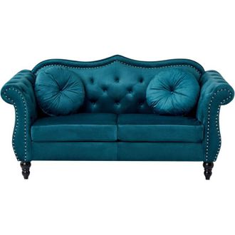 Beliani Sofa Teal Velvet 2 Seater Nailhead Trim Button Tufted Throw Pillows Rolled Arms Glam SKIEN