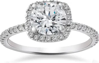 Pompeii3 2Ct Cushion Halo Lab Grown Diamond Engagement Ring 14K White Gold Size Selectable