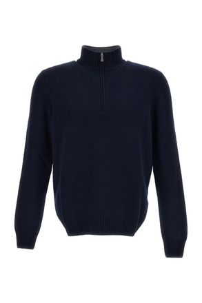 Gran Sasso Blue High-Neck Wool-Blend Zip Sweater