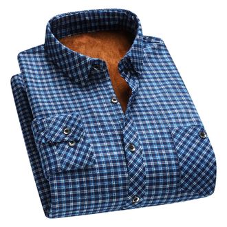 Generic Mens Checked Shirts Thermal Soft Regular-Fit Long-Sleeve Fleece Lined Button Down Shirt Casual Versatile Plaid Shirt Work Wear with Chest Pockets Size