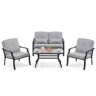Costway Costway 4 pcs Patio Conversation Set Outdoor Coffee Table & Chairs Bench Set in Grey