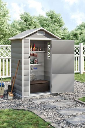 H&O Direct 4.4 x 3.4 FT Plastic Garden Storage Shed with Lockable Hinged Door in Grey