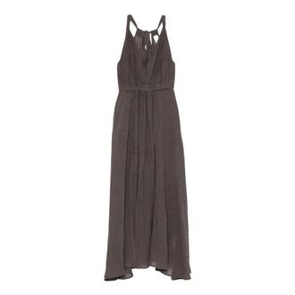 120% Lino 120% Lino, Midi Dresses, female, Brown, Size: L V-neck Linen Midi Dress