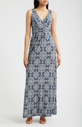 Loveappella Ruched Empire Waist Maxi Dress in Navy/ivory at Nordstrom, Size X-Small