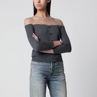 Maison Margiela Knit cardigan with sheer yoke in cotton dark grey