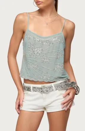 Edikted Beaded Sequin Chiffon Camisole in Sage at Nordstrom, Size X-Small