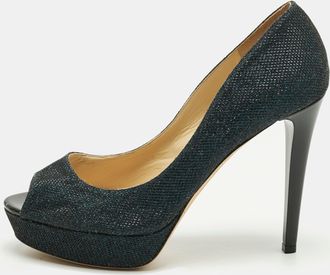 Jimmy Choo London Navy Blue Glitter Luna Peep Toe Platform Pumps
