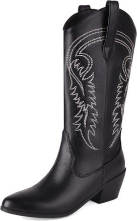 Generic Womens Western Knee-High Boots Faux Leather With Embroidered Detail Pointed Toe Wedge Heels Varied Color Finishes Soft Inner Lining Durable Non-Slip O