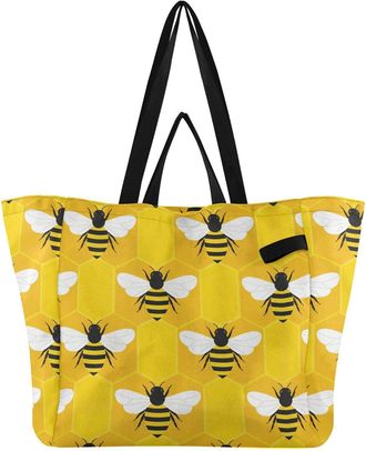 Generic Yellow Black Bee print Reusable Canvas Tote Bag, Heavy Duty Grocery Shopping Bag with Large Capacity Double Handles Hard Bottom Work Groceries Travel