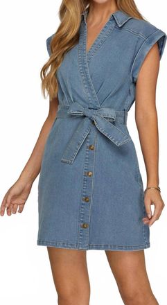 She + Sky Short Sleeve Surplice V-Neck Denim Mini Dress In Denim Blue