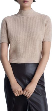 Mango Short Sleeve Wool Mock Neck Crop Sweater in Light/Pastel Grey at Nordstrom, Size Small