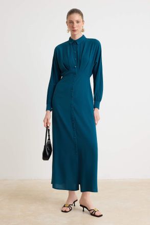 Trendyol Modest Dames Blauw Effen Maxi Lang Casual Blousejurk Modest Jurken