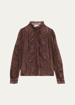 LoveShackFancy Jacque Lace-Trim Ruched Silk Top