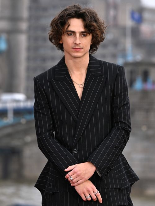 Timothée Chalamet trägt einen Nadelstreifenanzug auf einer Premiere in London.