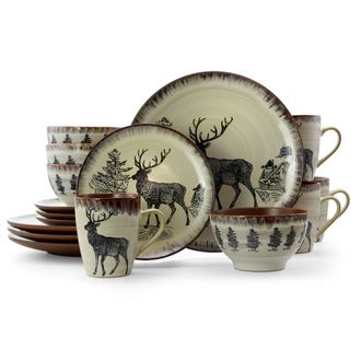 Elama Majestic Wolf 16 Piece Luxurious Stoneware Dinnerware with Complete Setting for 4