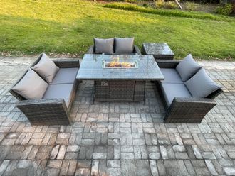 Fimous Outdoor Garden Dining Sets 6 Seater Rattan Patio Furniture Sofa Set with Gas Firepit Table Double Seat Sofa Side Table in Dark Grey