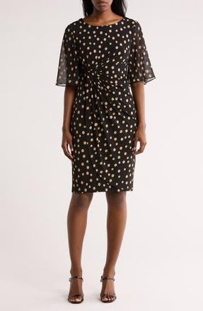 Connected Flutter Sleeve Faux Wrap Dress in Black/Camel at Nordstrom Rack, Size 10