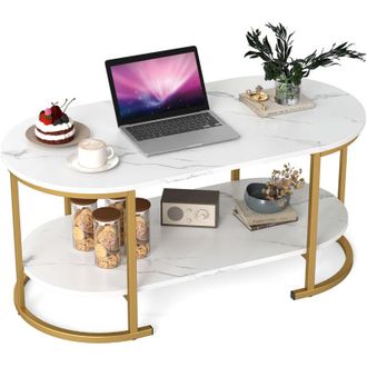 Costway Oval Coffee Table 2-Tier Living Room Center Table with Storage-White