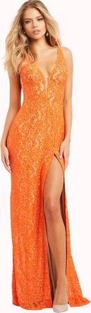 Jovani Plunging Neck Lace Dress In Orange
