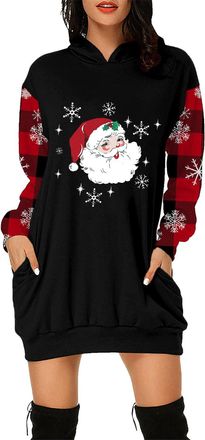 Generic Christmas Sweatshirt Dress for Women Long Oversized Crew Neck Sweatshirts Long Sleeves Merry Christmas Print Wine Glass Graphic Jumpers Funny Cute Chr