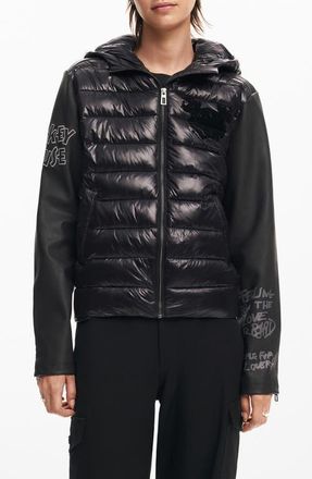 Desigual Mickey Mouse Mixed Media Puffer Coat in Black at Nordstrom, Size X-Small