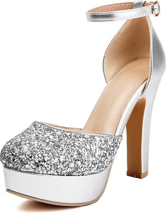 Generic Womens Glitter Platform Sandals 12cm Chunky Heel 3.5cm Sole Round Toe Ankle Strap PU Leather Slip-Resistant Extended Sizes (34-48),Silver,5 UK