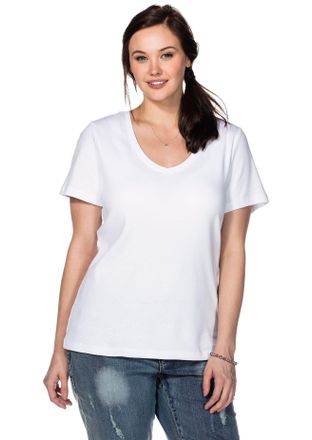 Sheego T-Shirt SHEEGO T-Shirt, Damen, Gr. 40/42, weiss (wei&szlig;), 100% Baumwolle, unifarben, V-Ausschnitt, Shirts T-Shirt