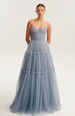 Milla Ruffled Tulle Maxi Formal Occasion Gown in Blue at Nordstrom, Size 8