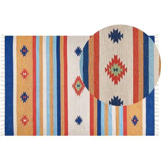 Beliani Beliani - Cotton Kilim Rug Handwoven 200 x 300 cm Reversible Geometric Pattern with Tassels Multicolour Taronik