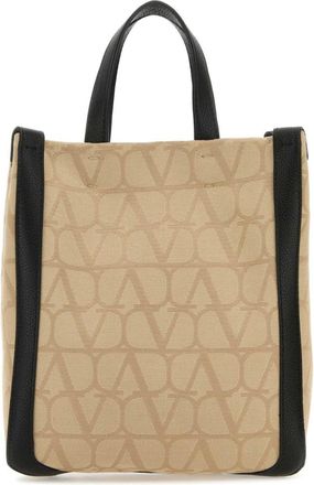 Valentino Garavani Beige V Logo Jacquard Tote Bag