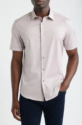 Bugatchi Miles OoohCotton Herringbone Print Short Sleeve Button-Up Shirt in Wood Rose at Nordstrom, Size Xxx-Large