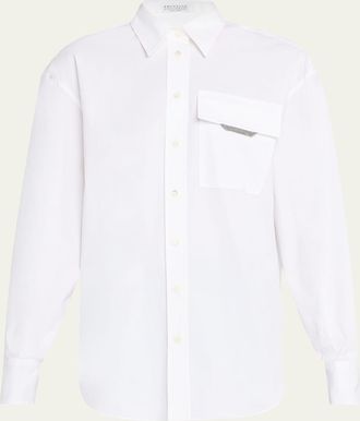 Brunello Cucinelli Button-Front Poplin Shirt with Monili Pocket