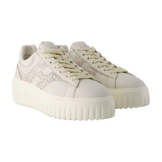 Hogan Womens Glitter-Striped Leather Sneaker Cream Calfskin