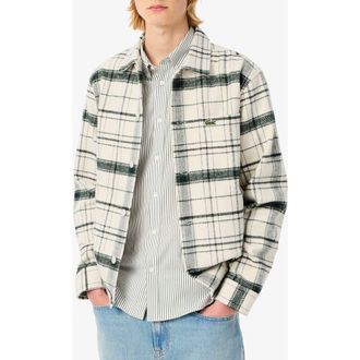 Lacoste Plaid Flannel Button-Up Overshirt in White/Green/Grey Chine at Nordstrom, Size 42