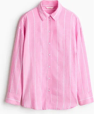 H&M Oversized Linen-blend Shirt in Pink/striped at Nordstrom, Size Xx-Large