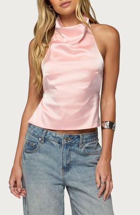 Edikted Cowl Neck Backless Satin Crop Top in Light-Pink at Nordstrom, Size X-Small
