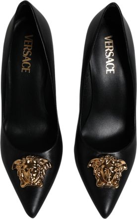 Versace Womens Gold Medusa Plaque Leather Pump Black Calf