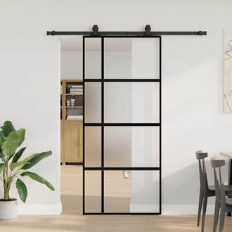 vidaXL Puerta Corredera Con Herrajes Negro 90x205 Cm Vidrio Templado Vidaxl