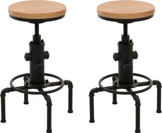 Hhg Hhg - Nunca Usado] Juego De 2 Taburetes De Bar 970, Taburete De Bar Altura Regulable Reposapi&eacute;s Giratorio Hierro Industrial Madera Maciza, Naturaleza