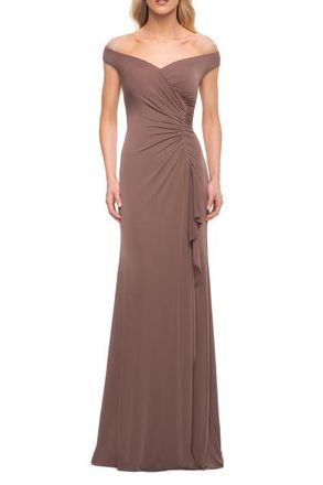 La Femme Off the Shoulder Ruched Jersey Gown in Cocoa at Nordstrom, Size 18