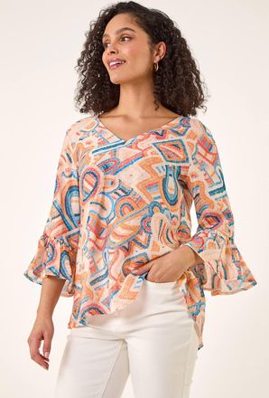 Roman Geometric Print Flute Sleeve Top