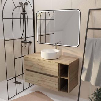 Aurlane Aurlane - Mueble De Ba&ntilde;o 100cm Efecto Roble 2 Cajones Lavabo Blanco Espejo Led 100x70
