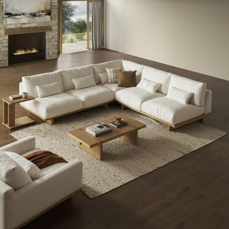 Castlery Performance Fabric Armless L-Shaped Sectional Sofa with Removable Covers - White, Light Brown | Mori by Castlery