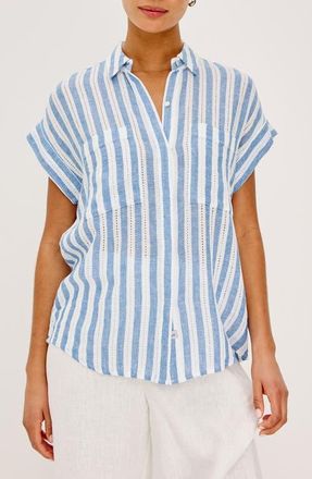 Rails Cito Stripe Short Sleeve Linen Blend Button-Up Shirt in Atlantis Stripe at Nordstrom, Size Xx-Small
